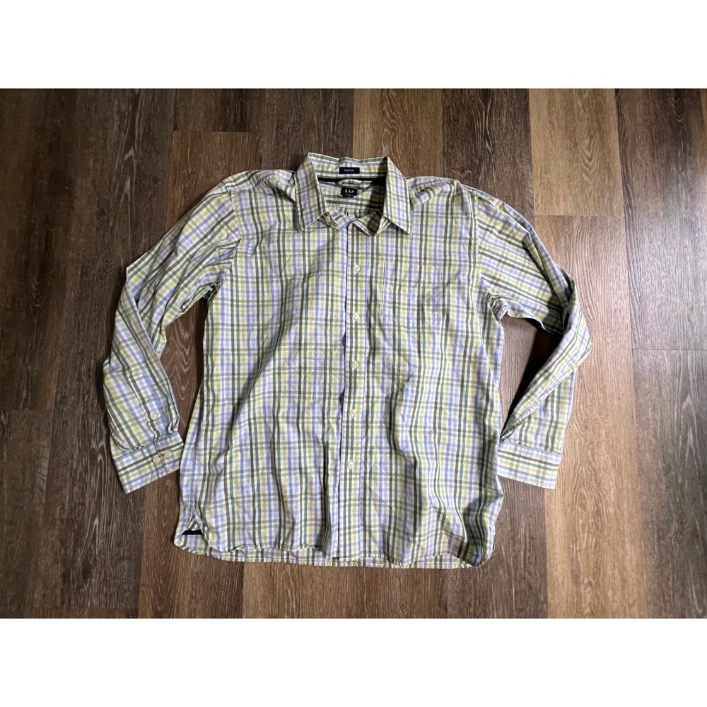 Gap Button Down Shirt Mens Large Green Blue Plaid Excellent Classic Long Sleeve
